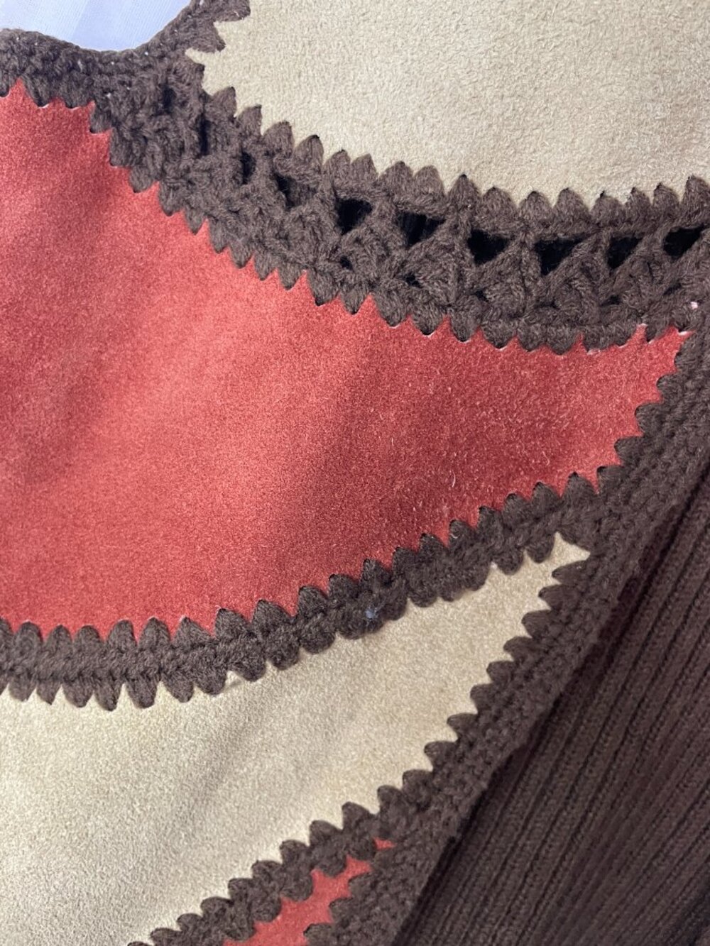 Vintage Genuine Suede Patchwork Sweater Vest Brown Tan Rust Orange Crochet Trim - Picture 3 of 7